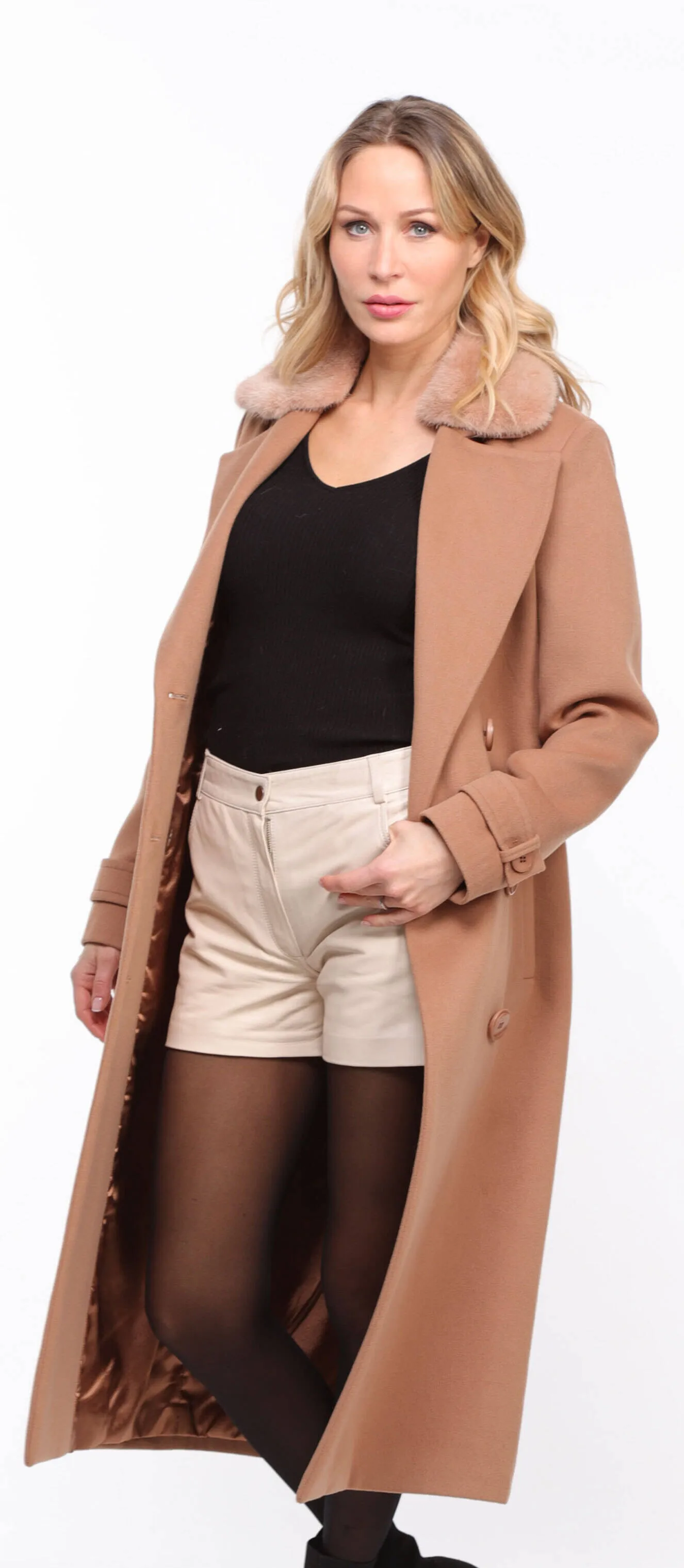 Fashionable Women's Taupe Synthia Mink Collar Fabric Coat