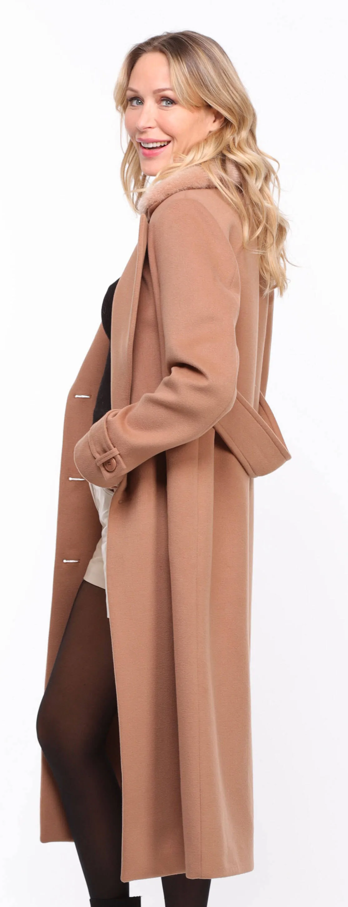 Fashionable Women's Taupe Synthia Mink Collar Fabric Coat