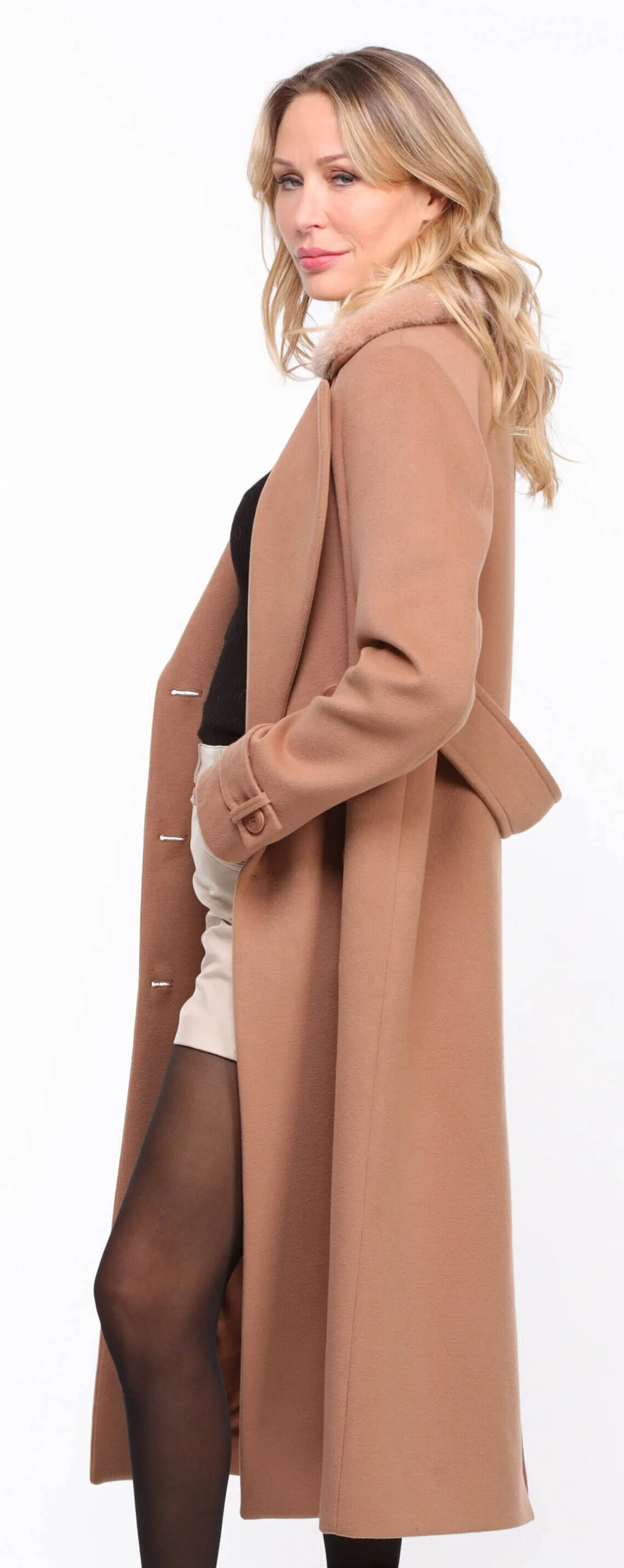 Fashionable Women's Taupe Synthia Mink Collar Fabric Coat