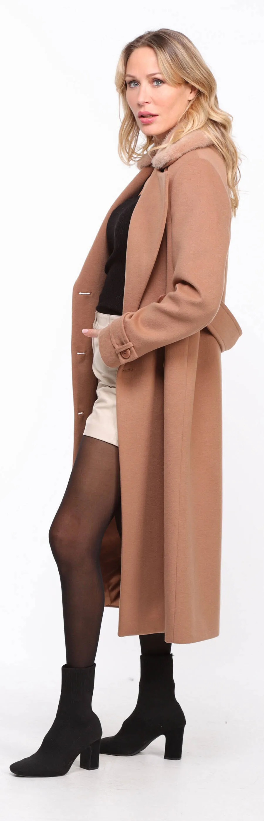 Fashionable Women's Taupe Synthia Mink Collar Fabric Coat