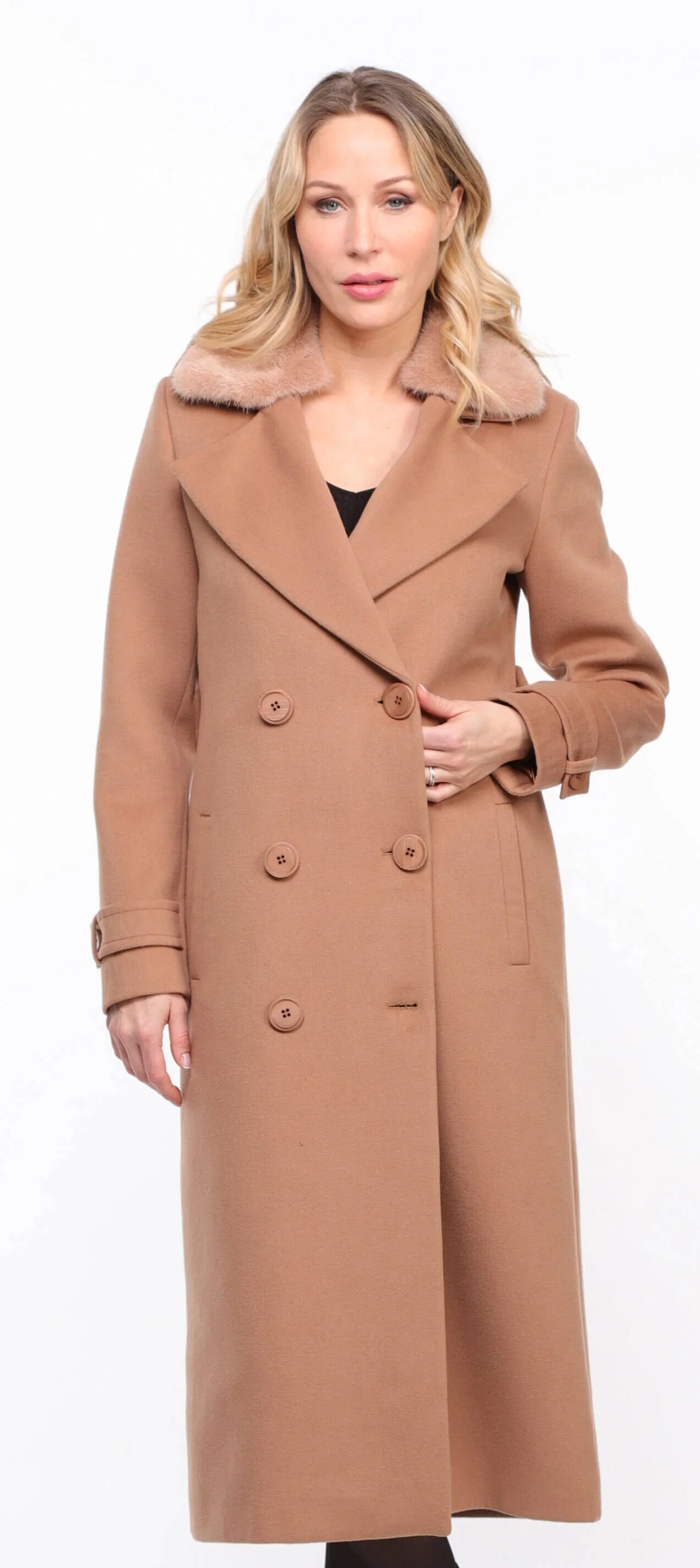 Fashionable Women's Taupe Synthia Mink Collar Fabric Coat