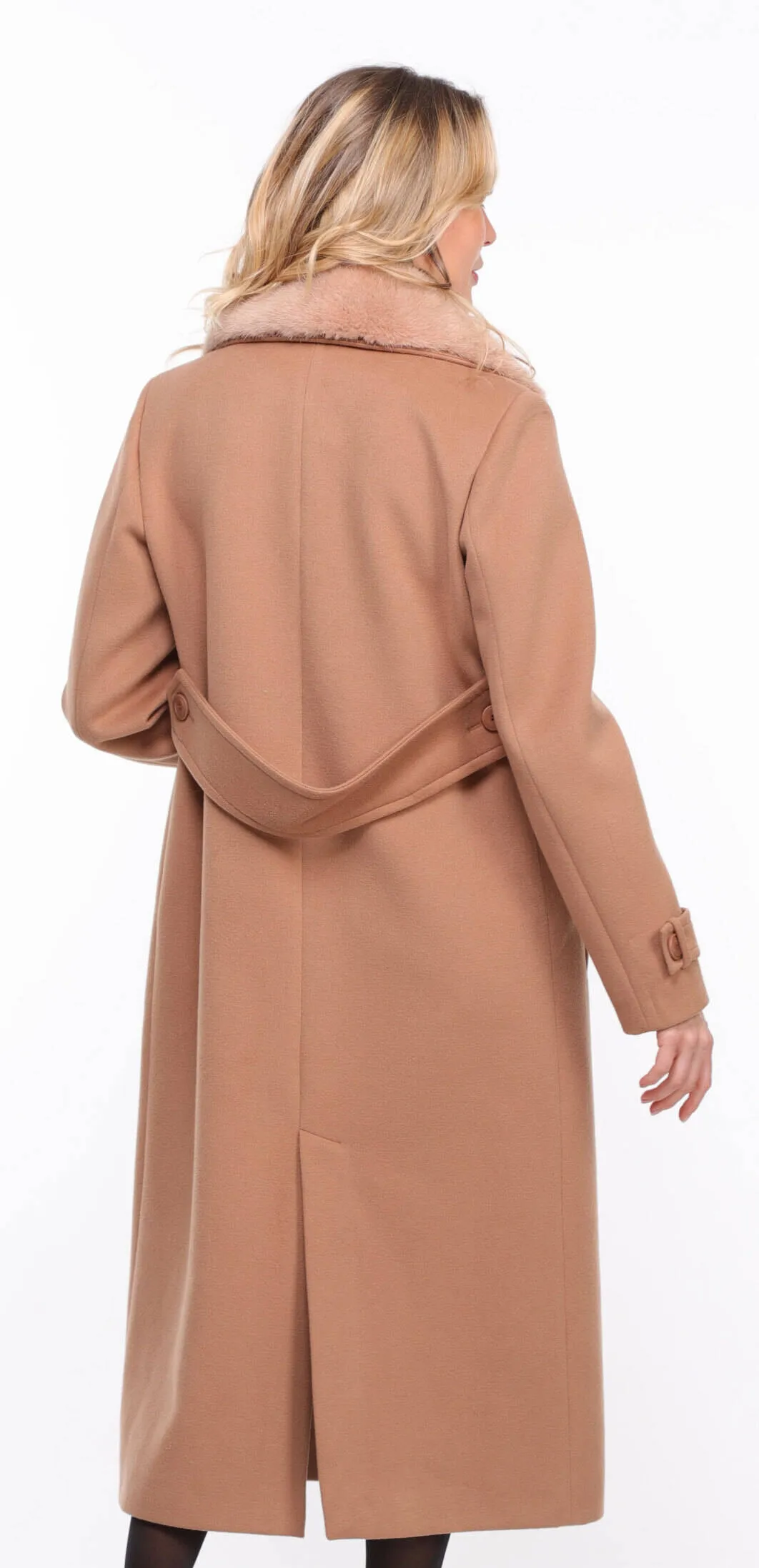 Fashionable Women's Taupe Synthia Mink Collar Fabric Coat