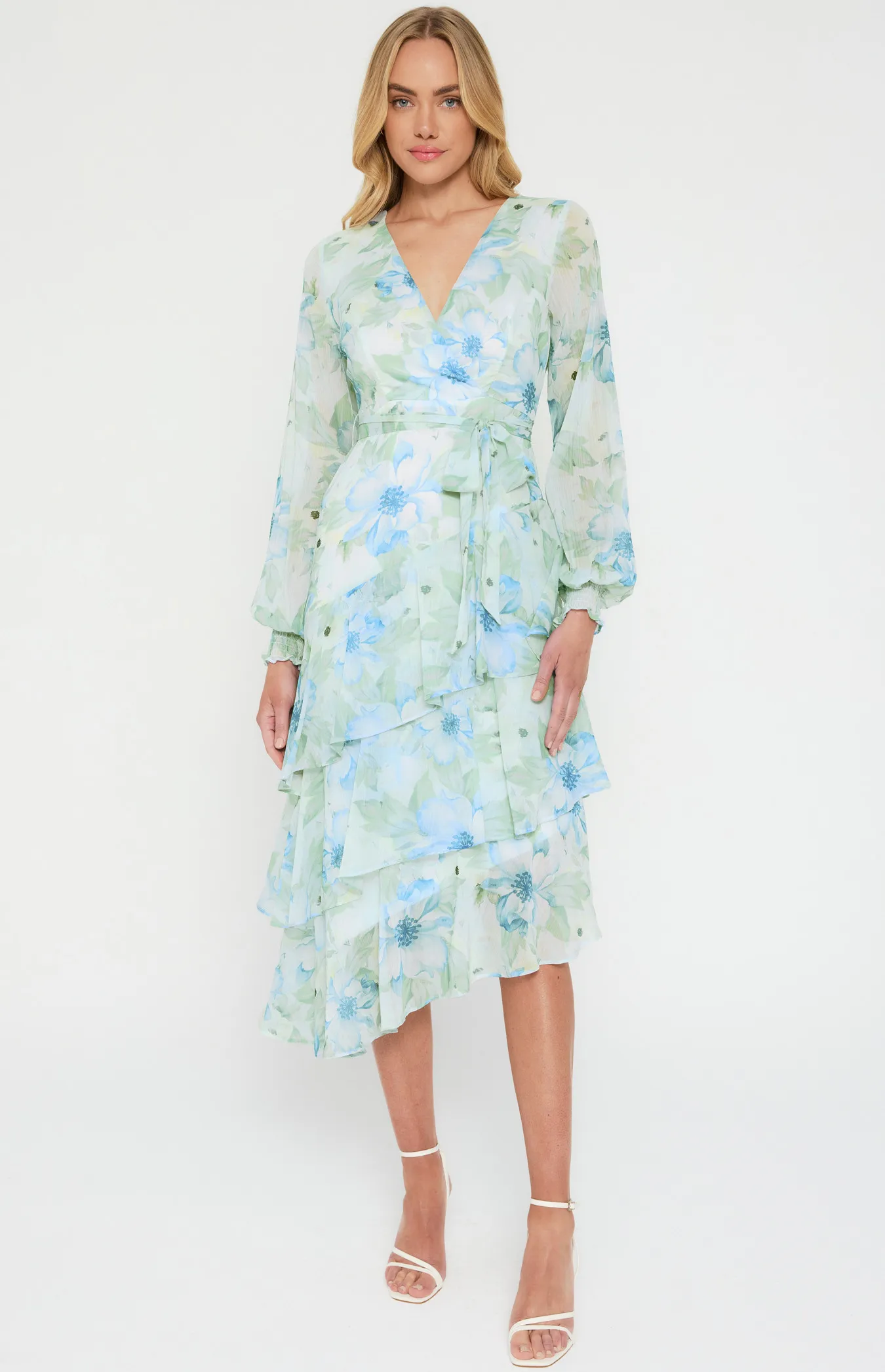 Floral Midi Dress with Asymmetric Tiered Hem (ADR1151-3A)