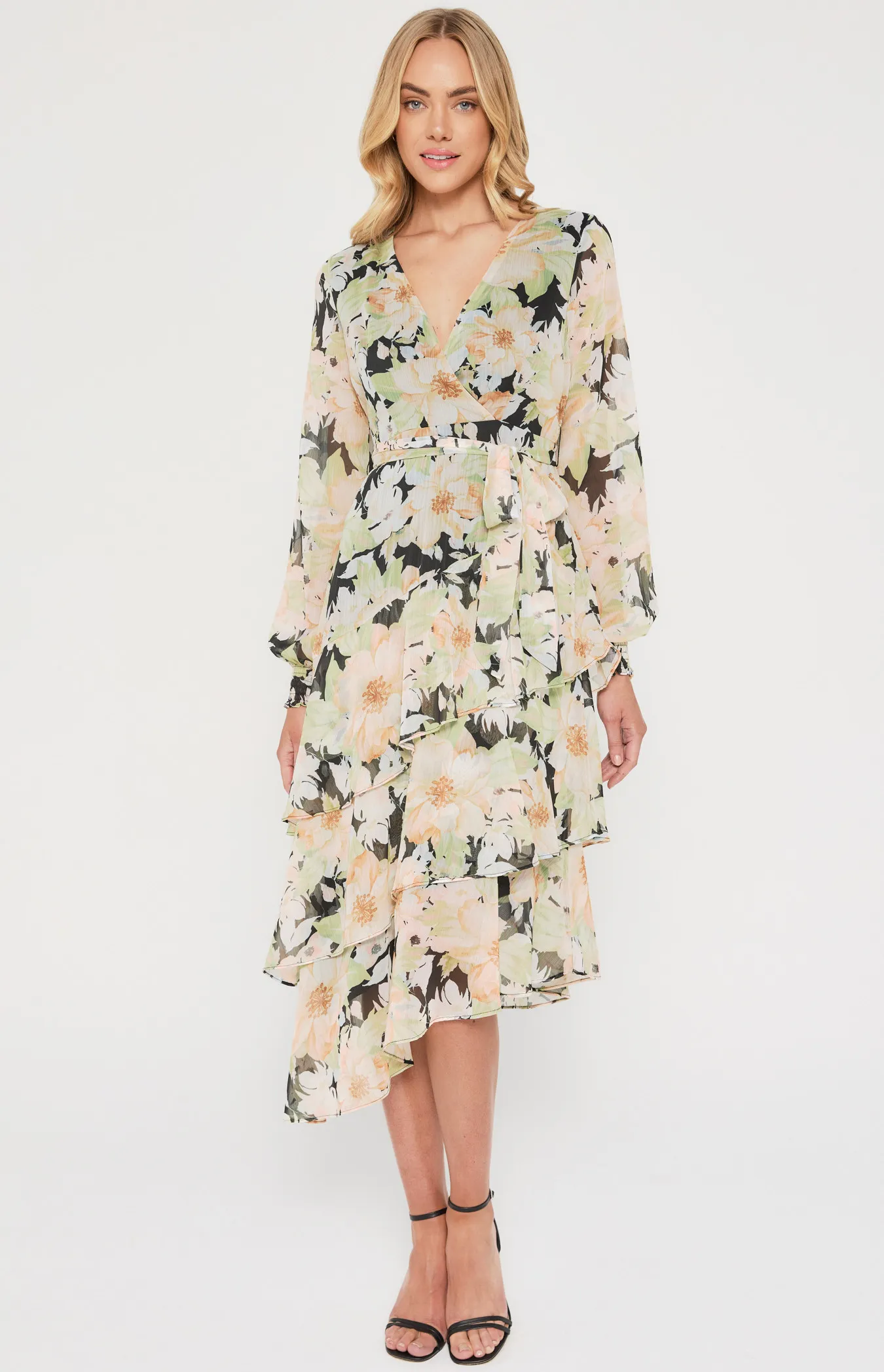 Floral Midi Dress with Asymmetric Tiered Hem (ADR1151-3A)