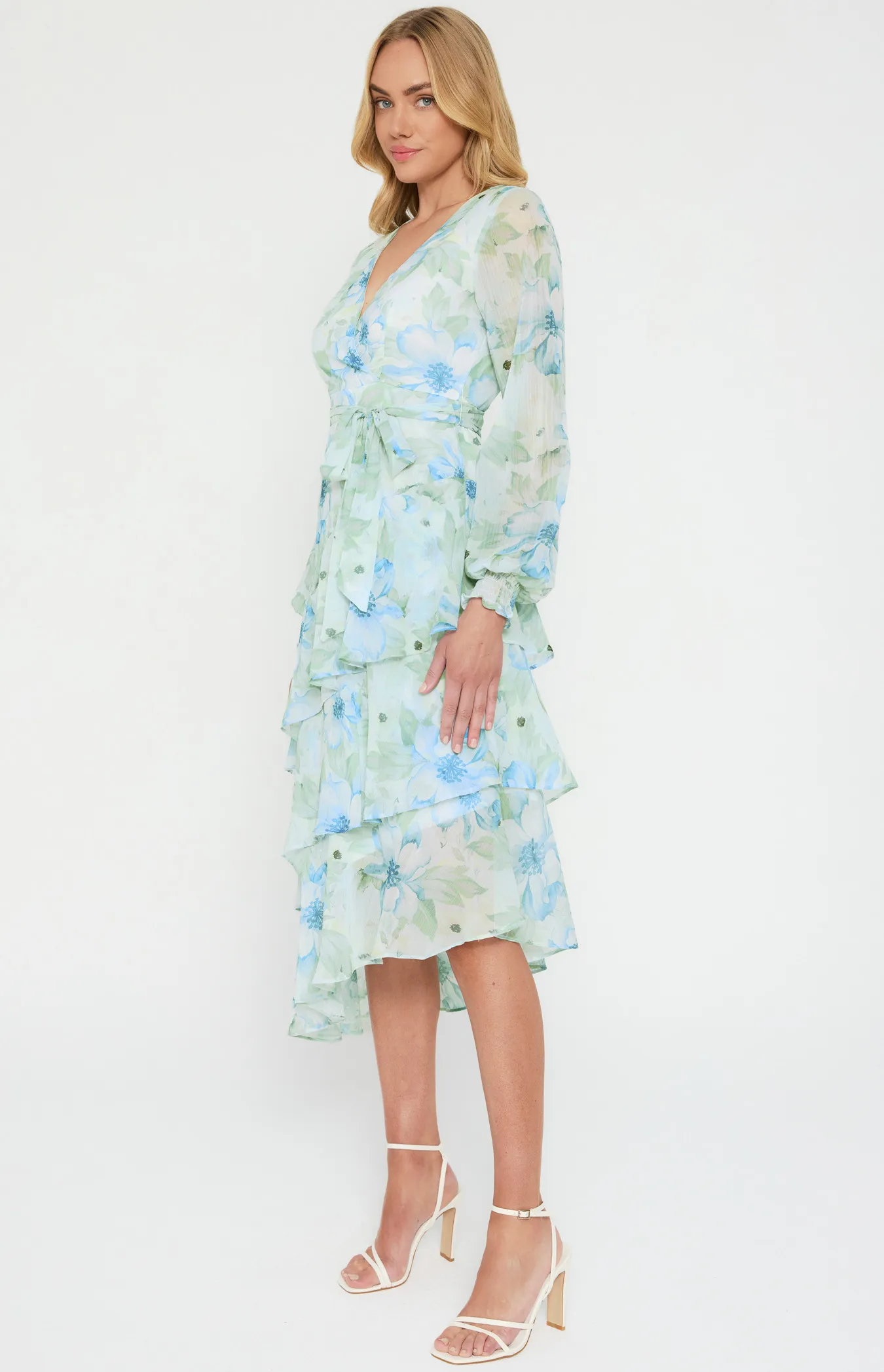 Floral Midi Dress with Asymmetric Tiered Hem (ADR1151-3A)