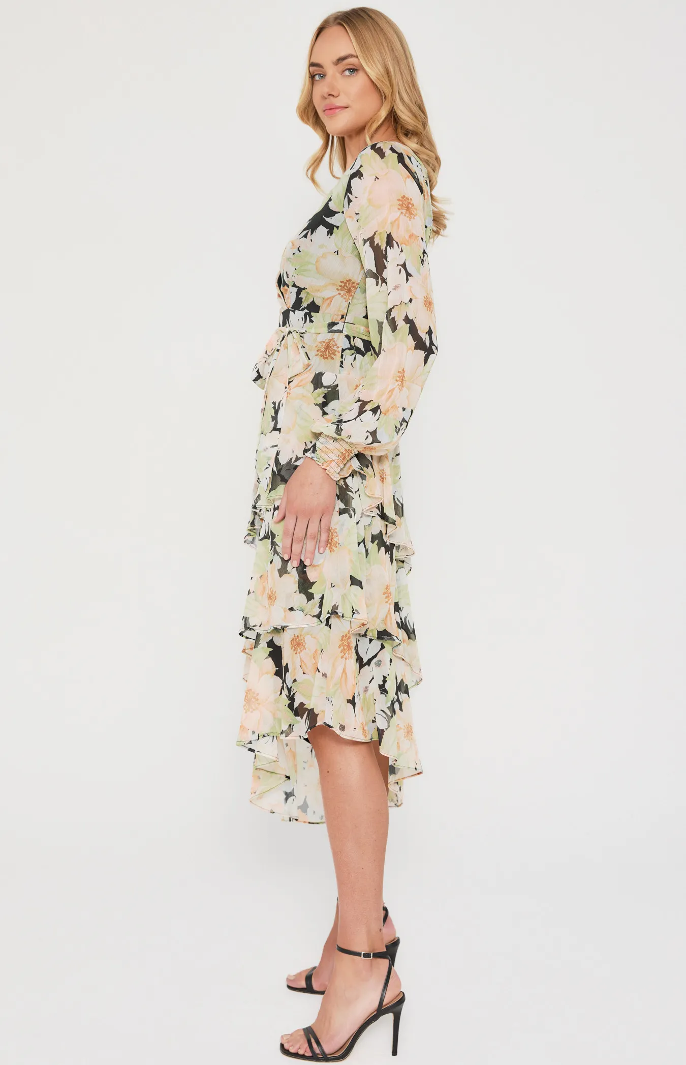 Floral Midi Dress with Asymmetric Tiered Hem (ADR1151-3A)