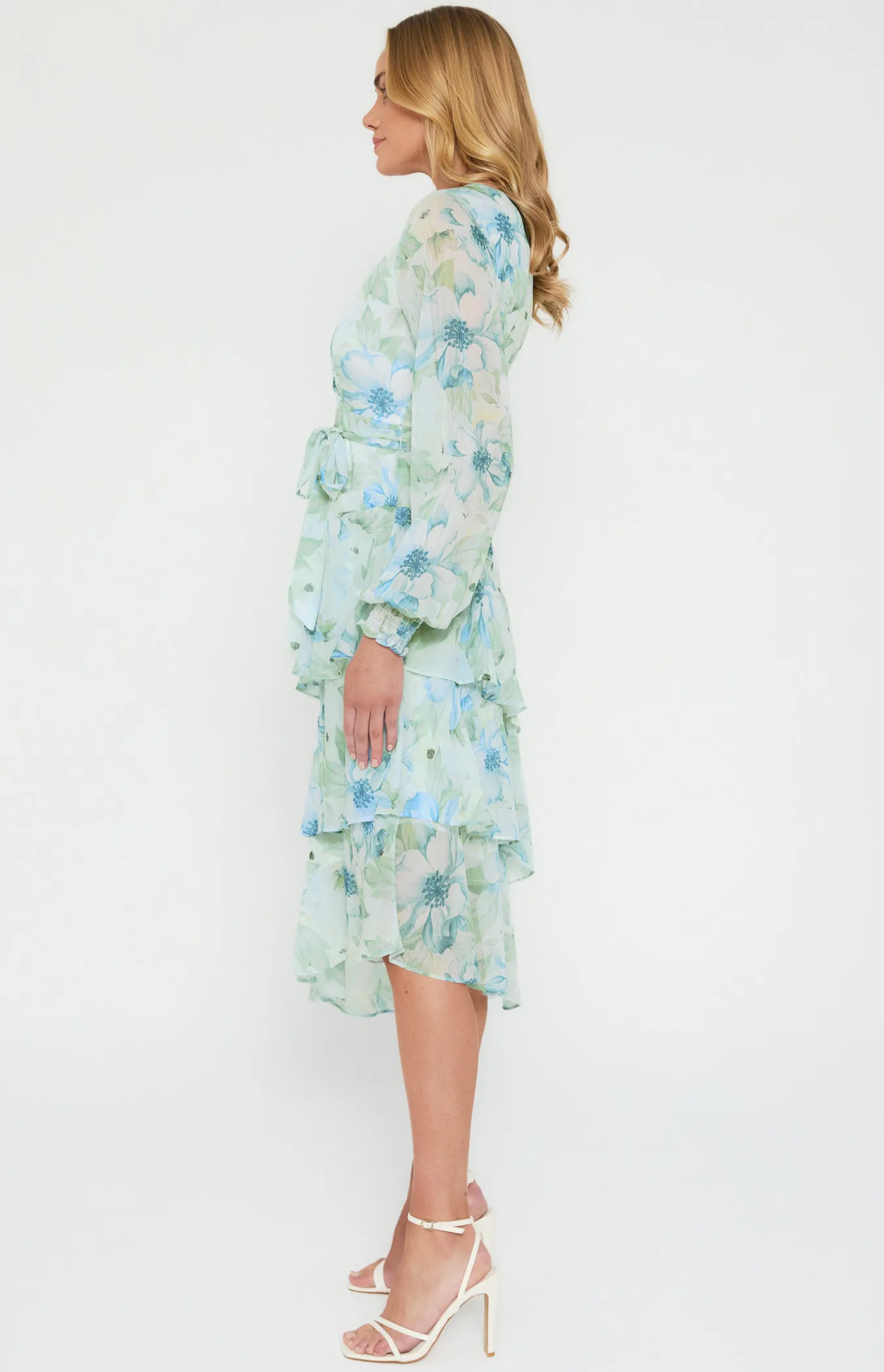 Floral Midi Dress with Asymmetric Tiered Hem (ADR1151-3A)