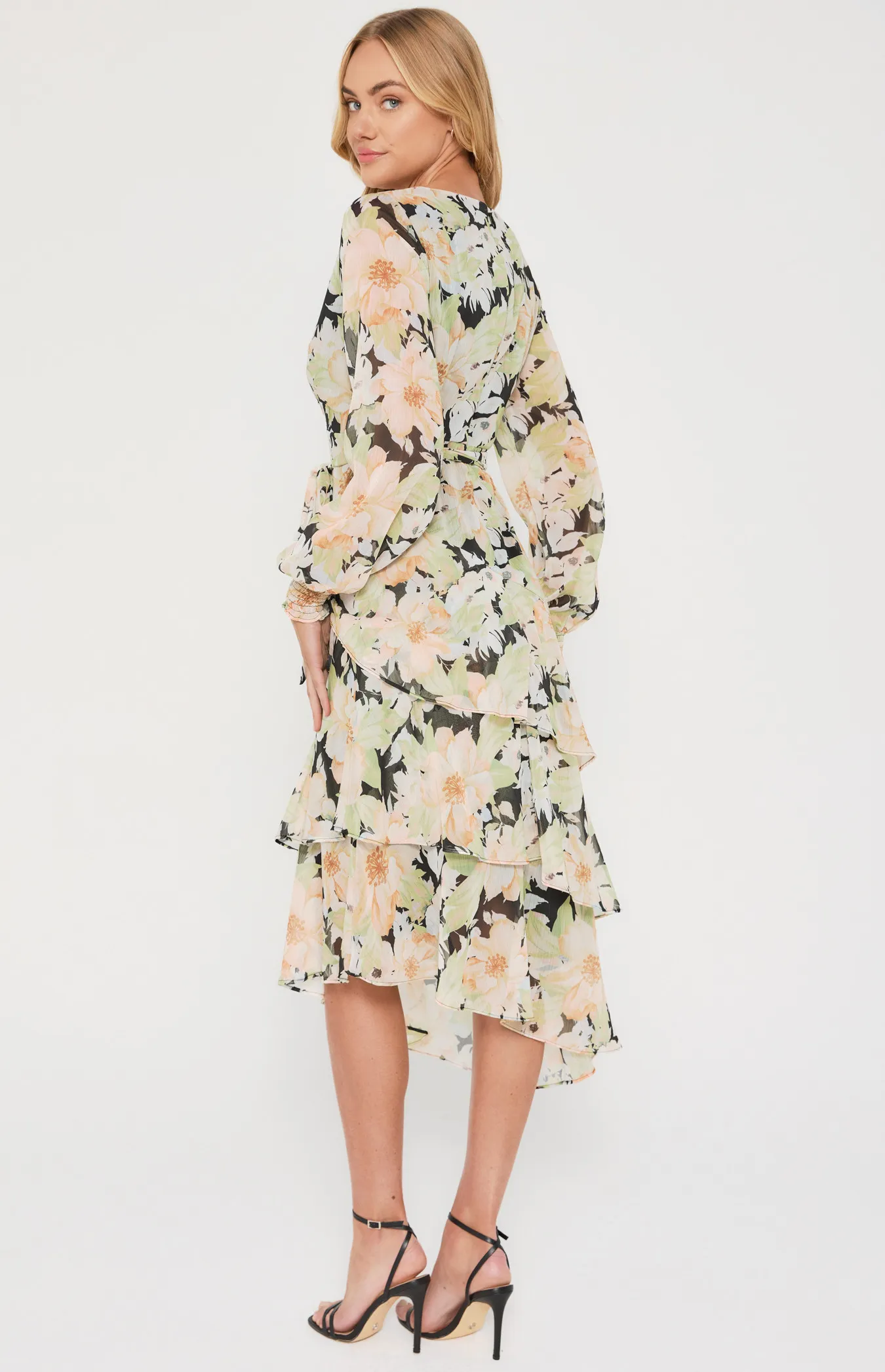 Floral Midi Dress with Asymmetric Tiered Hem (ADR1151-3A)