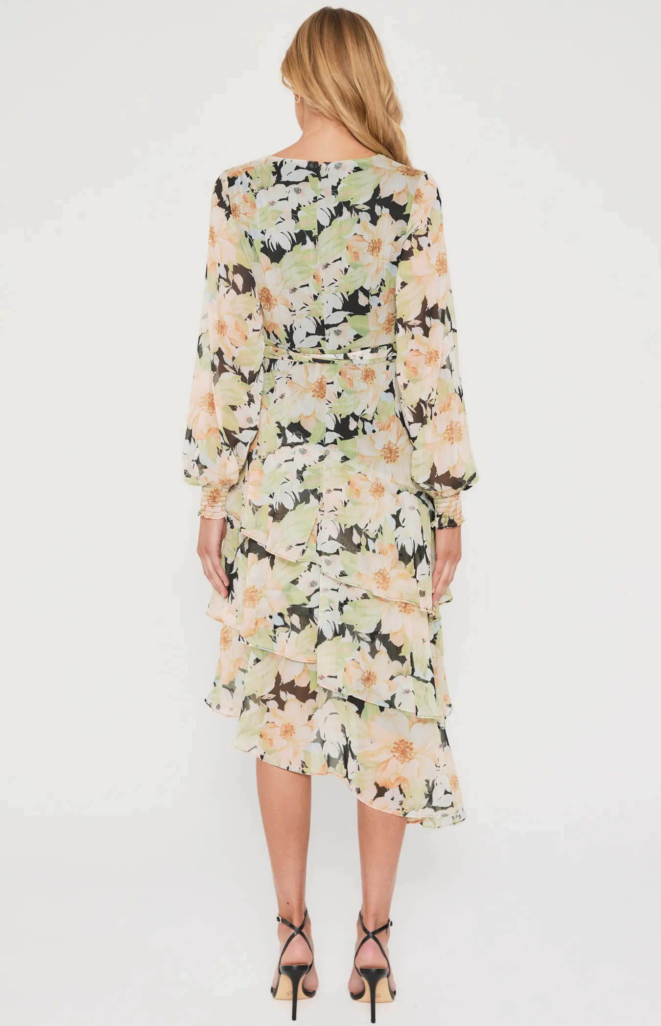 Floral Midi Dress with Asymmetric Tiered Hem (ADR1151-3A)