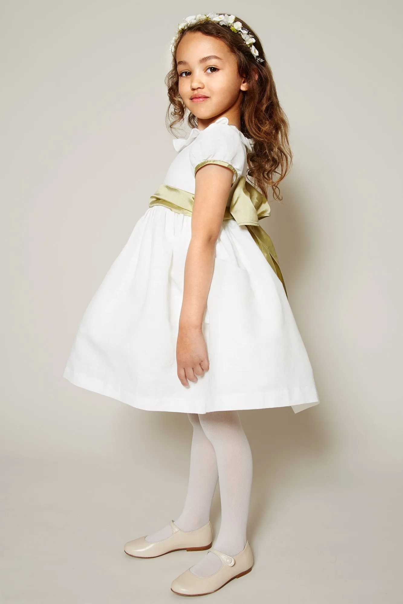 Ivory Flower Girl Dress with Green Silk Sash (12mths-10yrs)