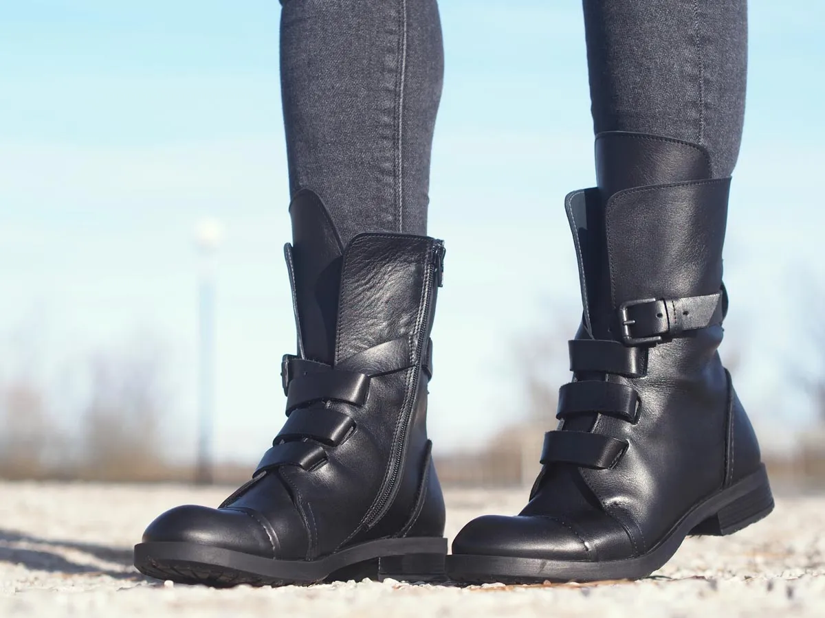 Genuine leather black women's winter boots.