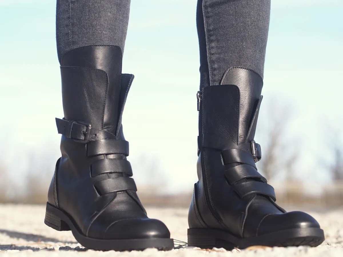 Genuine leather black women's winter boots.