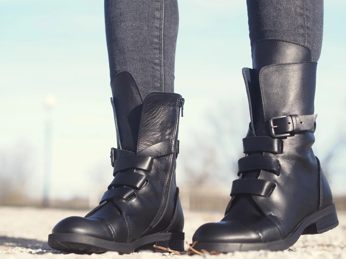 Genuine leather black women's winter boots.