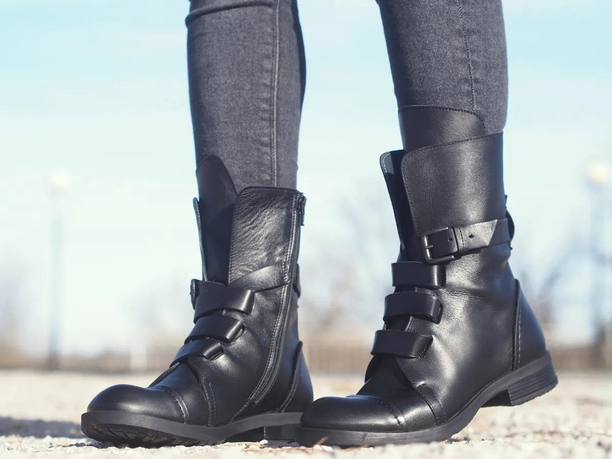 Genuine leather black women's winter boots.