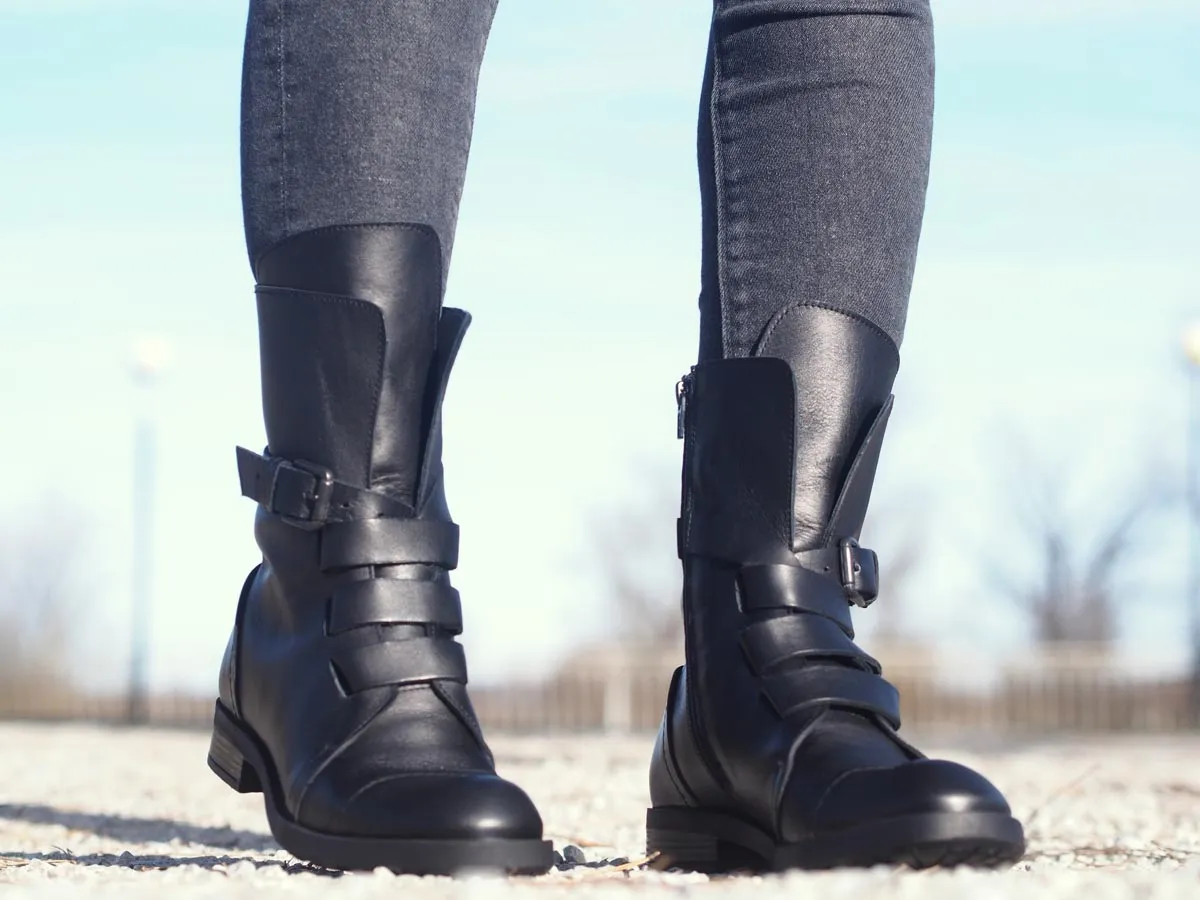 Genuine leather black women's winter boots.