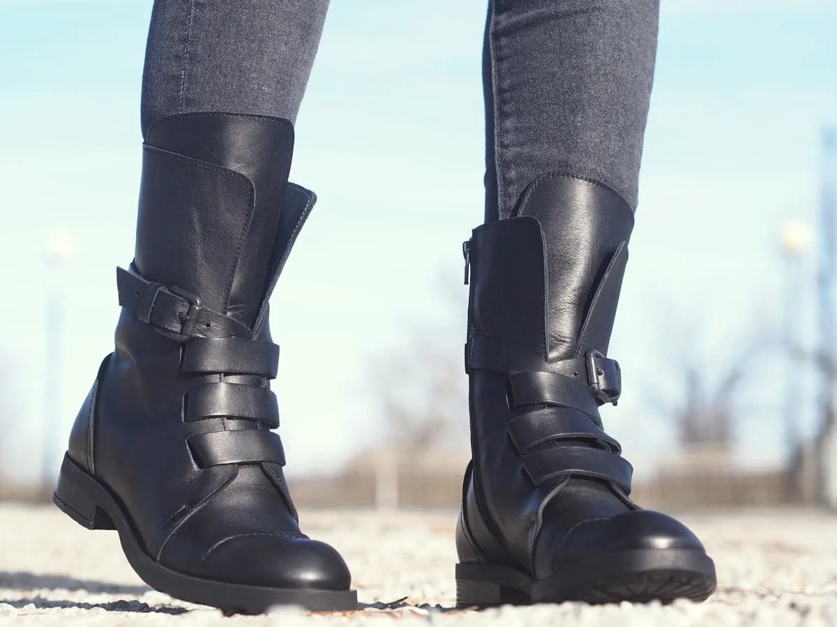 Genuine leather black women's winter boots.