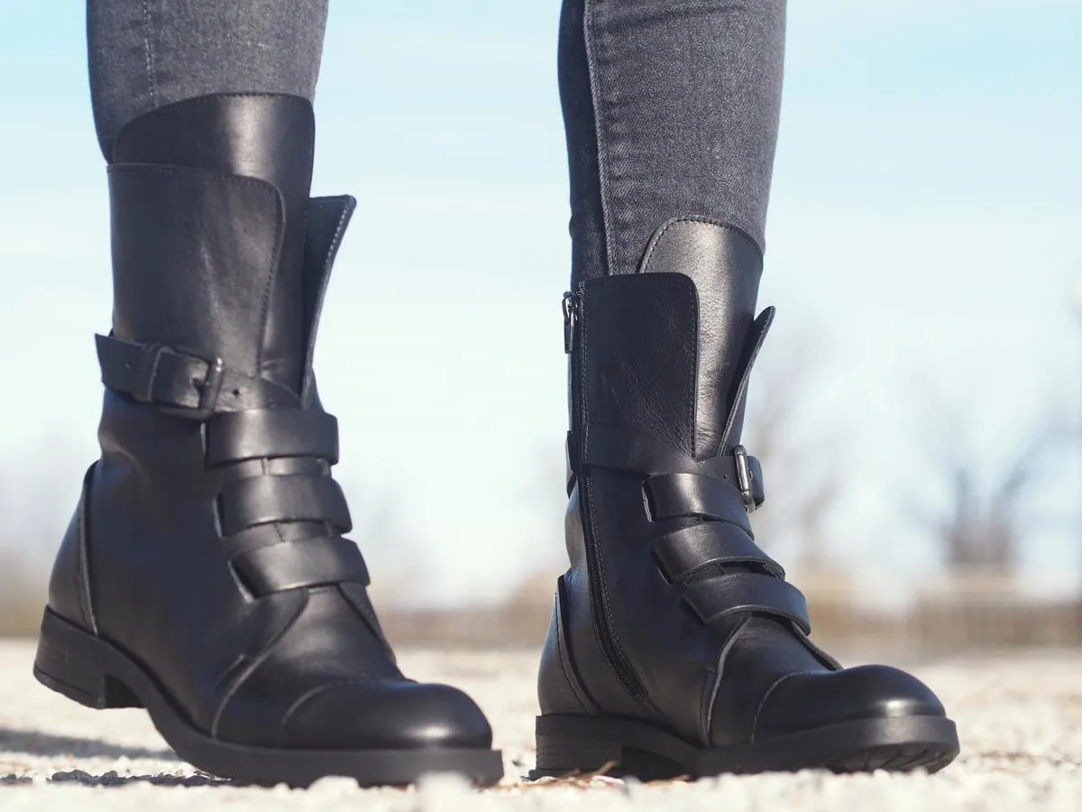 Genuine leather black women's winter boots.