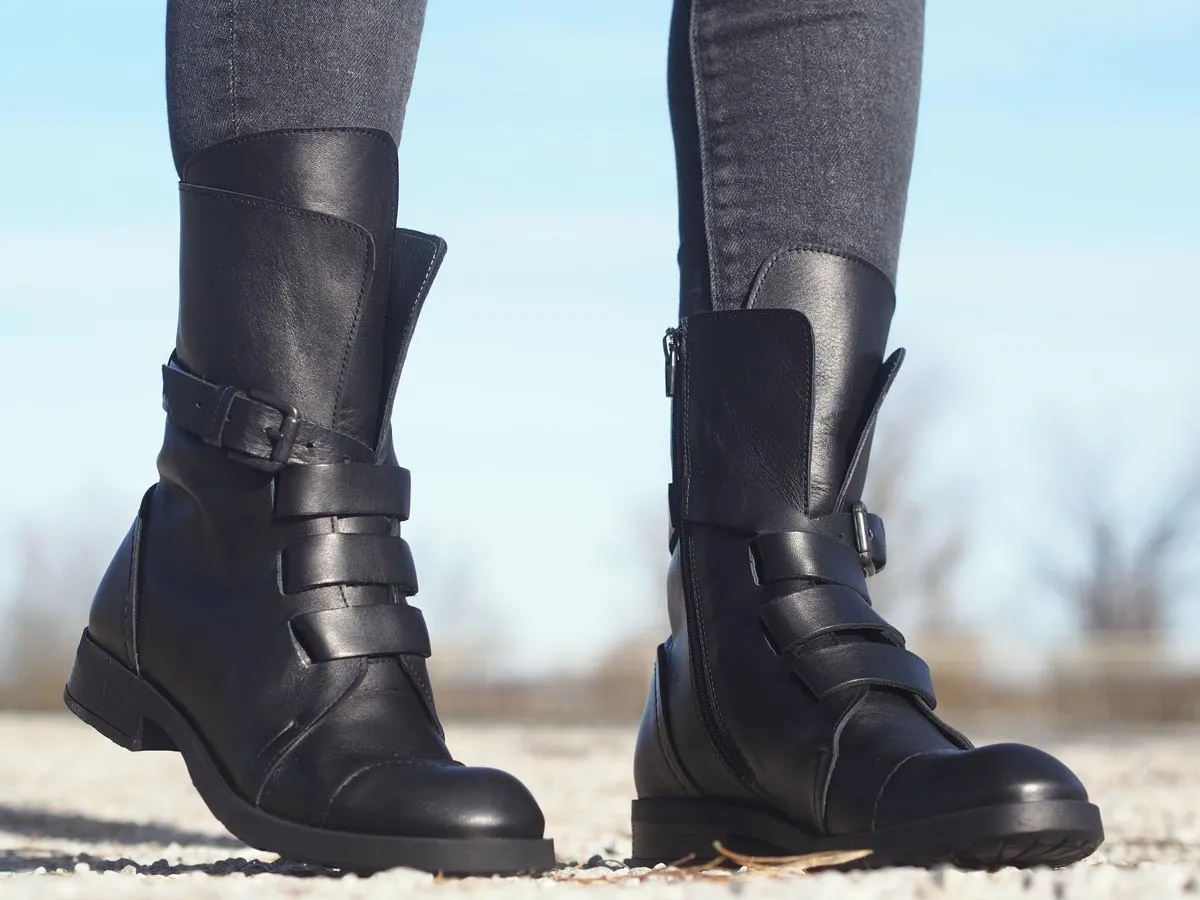 Genuine leather black women's winter boots.