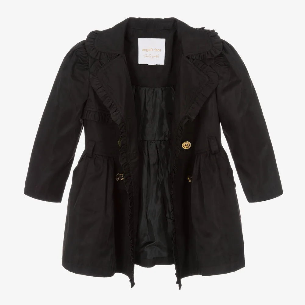 Girls Black Ruffle Trench Jacket