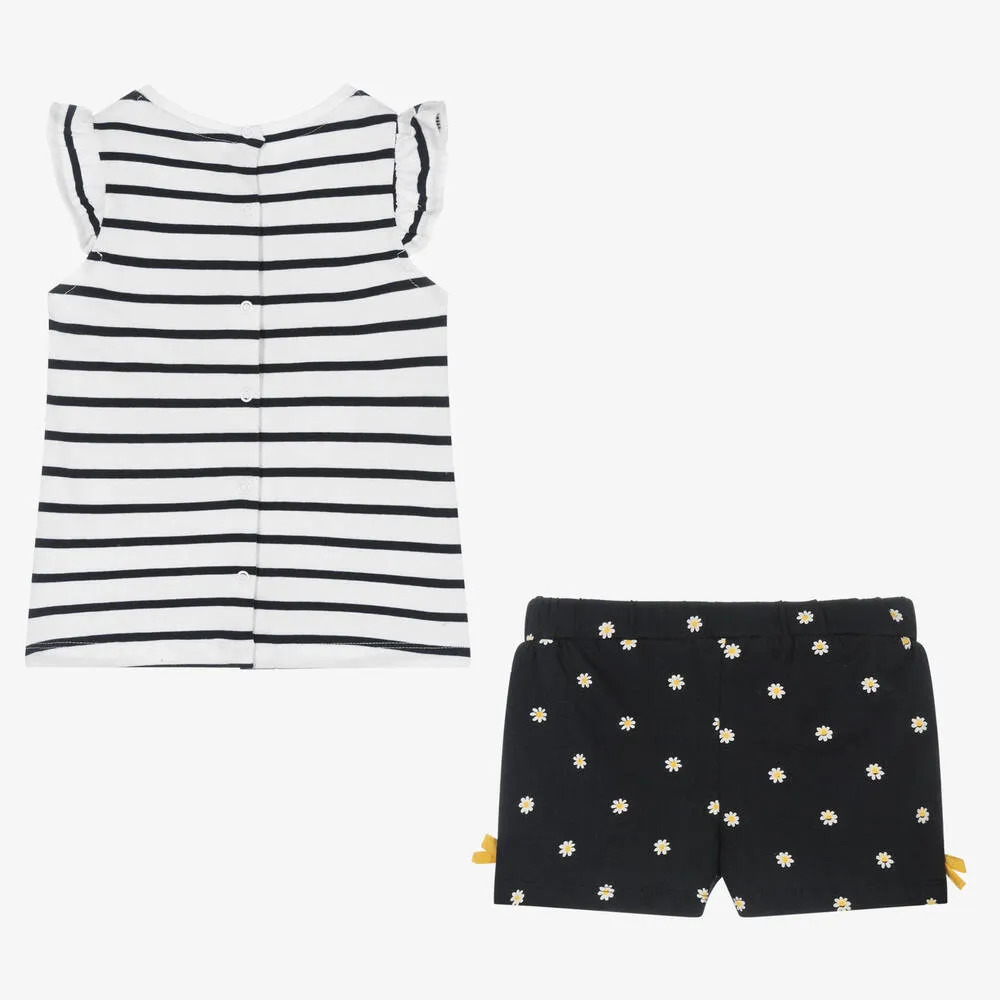Girls White & Blue Stripe Cotton Shorts Set
