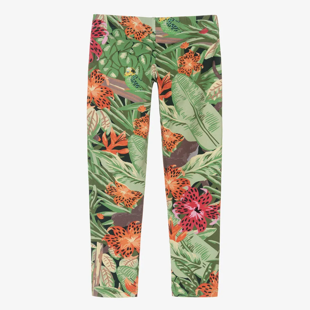 Green Floral Cotton Leggings for Girls