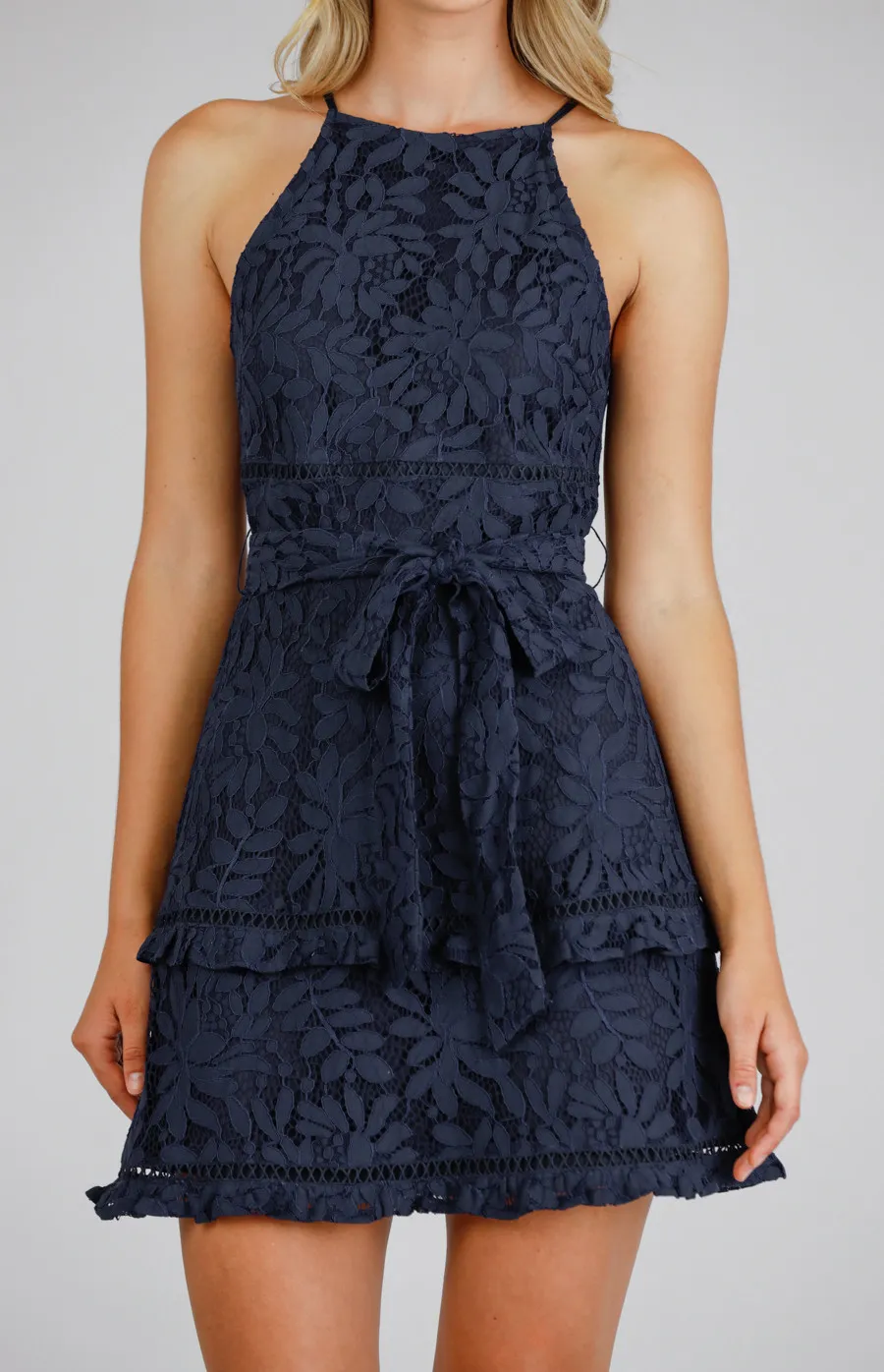 Lace Halter Neckline Dress with Layered Hem