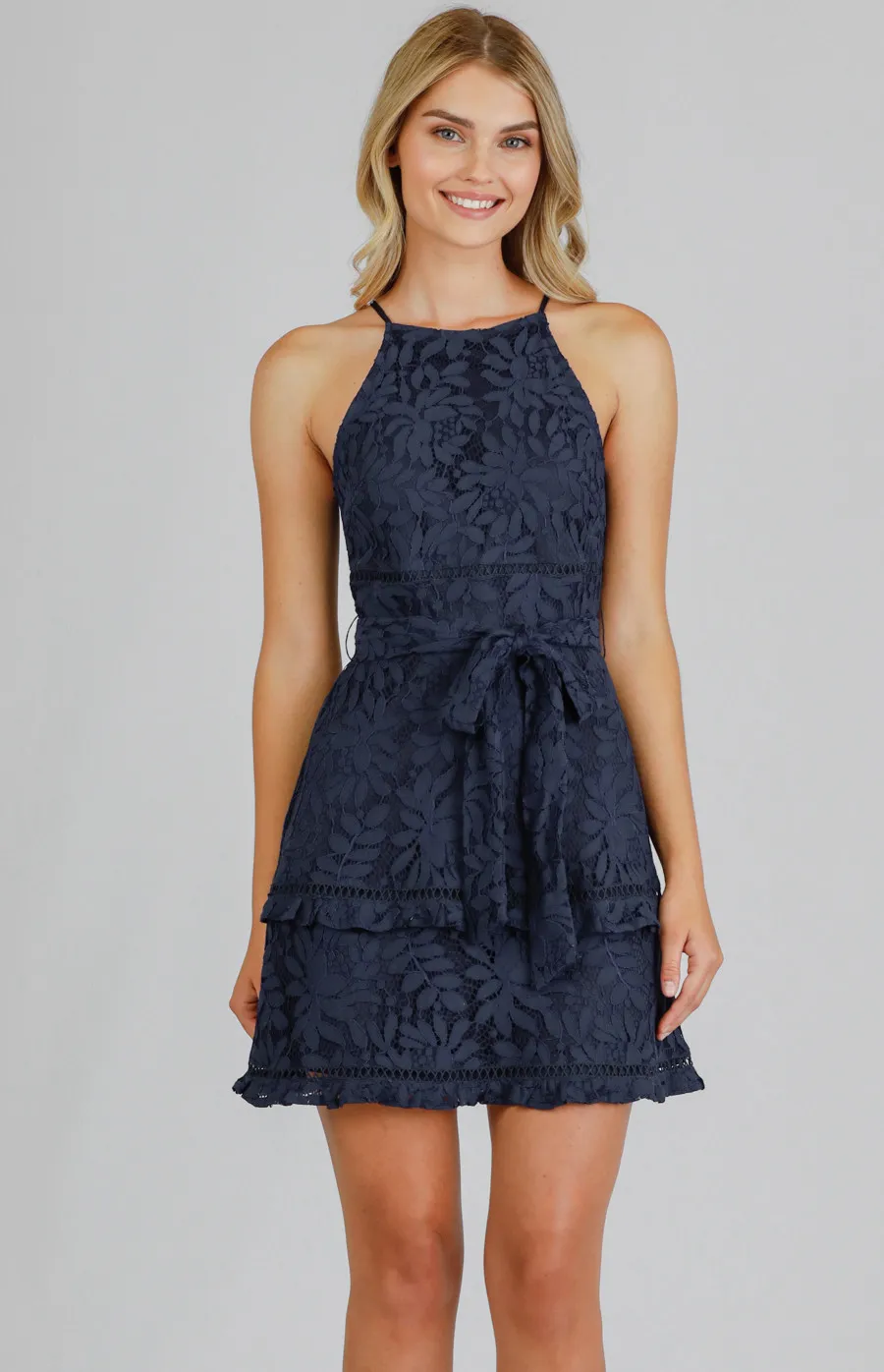 Lace Halter Neckline Dress with Layered Hem