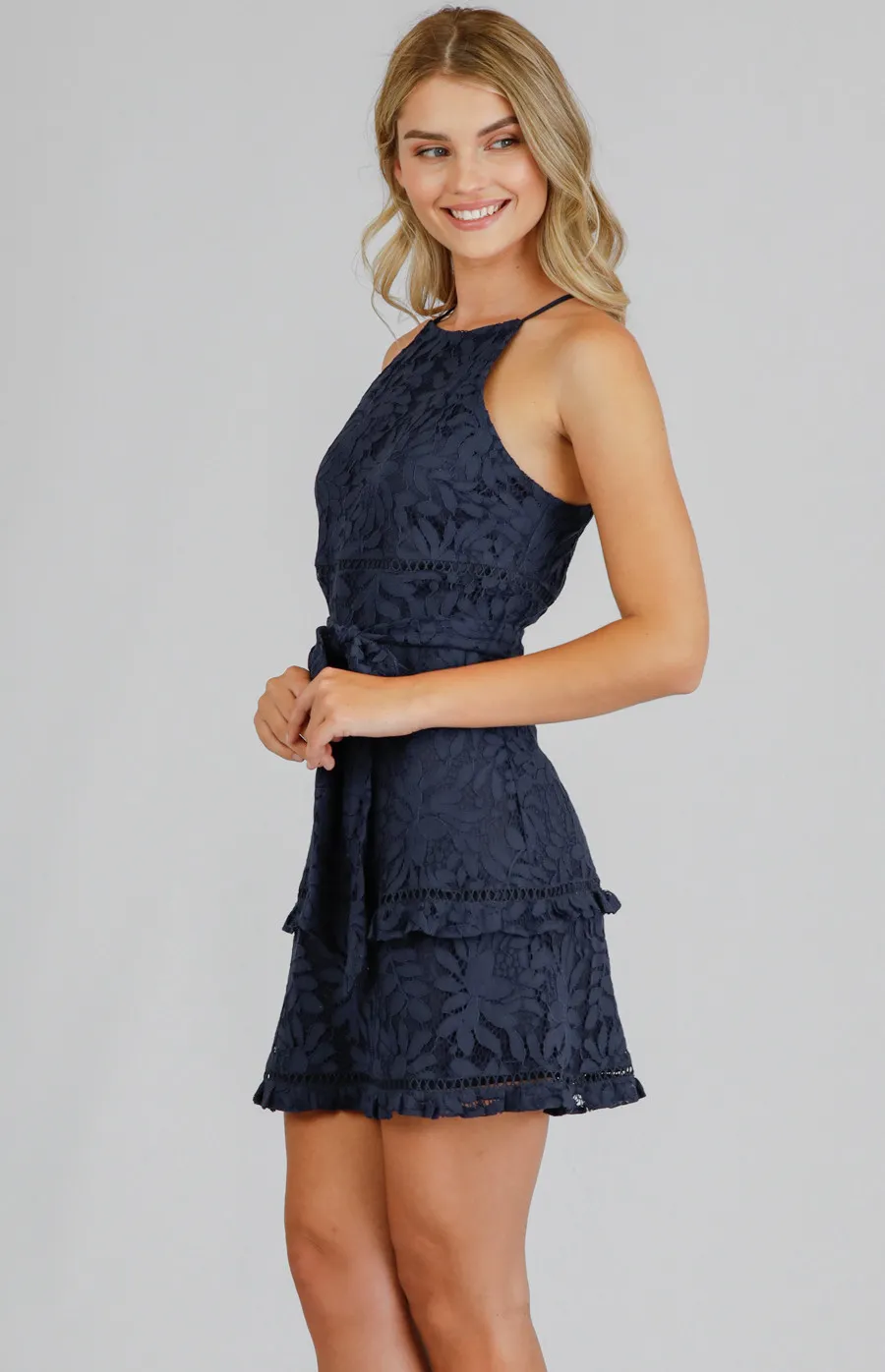 Lace Halter Neckline Dress with Layered Hem