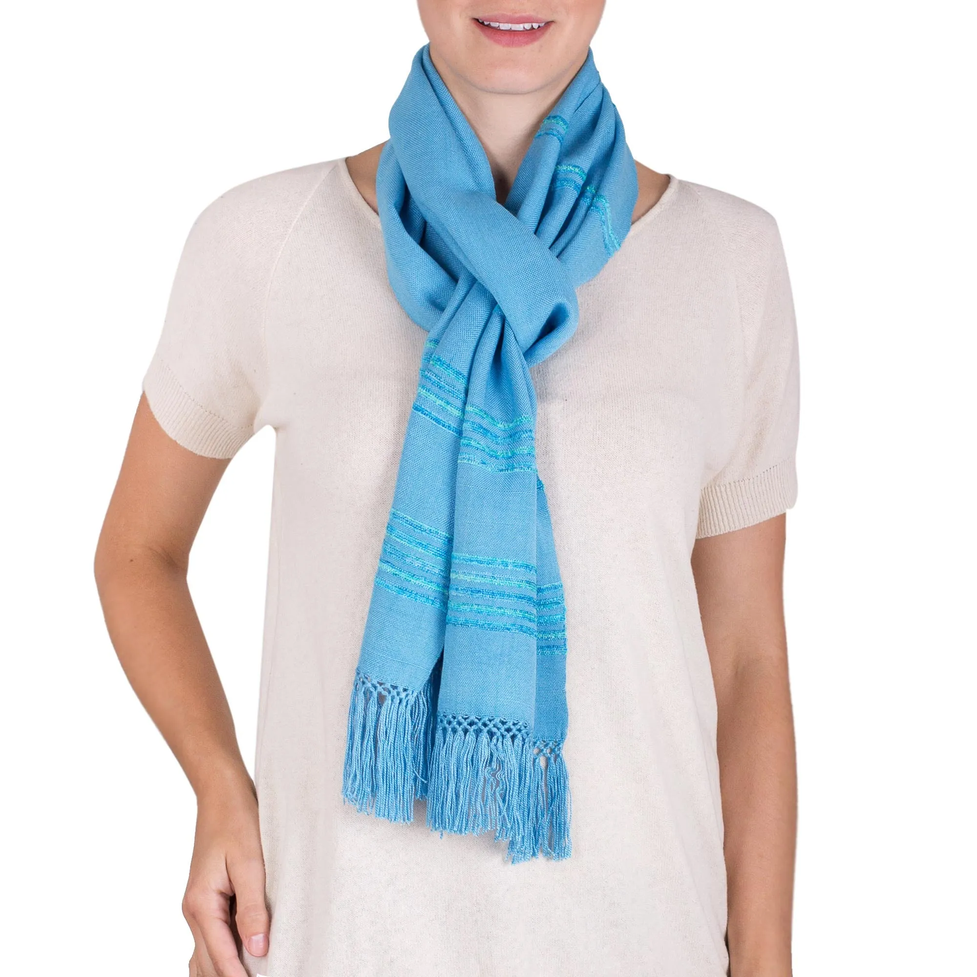 Handwoven Blue and Turquoise Rayon Scarf by Mystic Maya Sky