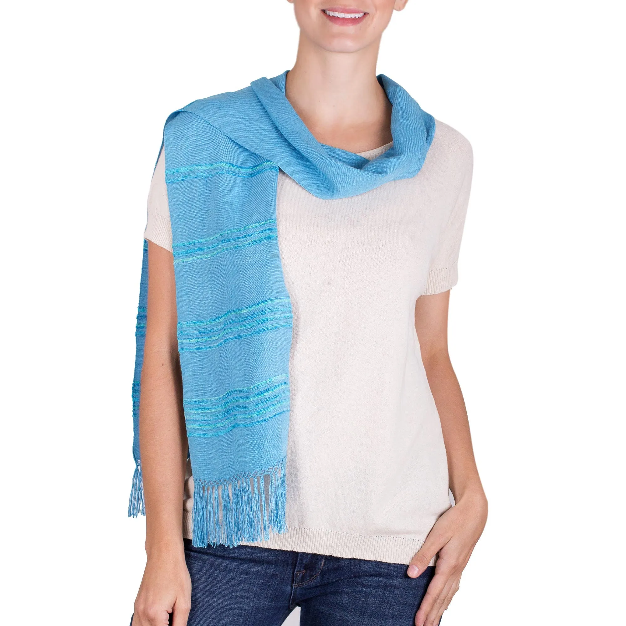 Handwoven Blue and Turquoise Rayon Scarf by Mystic Maya Sky