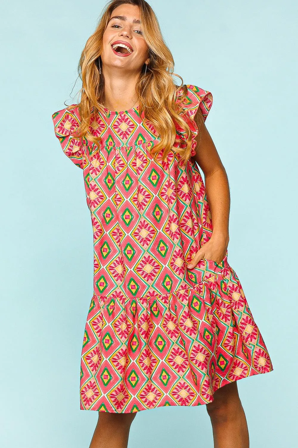 Haptics Ruffled Printed Dress - Full Size with Side Pockets