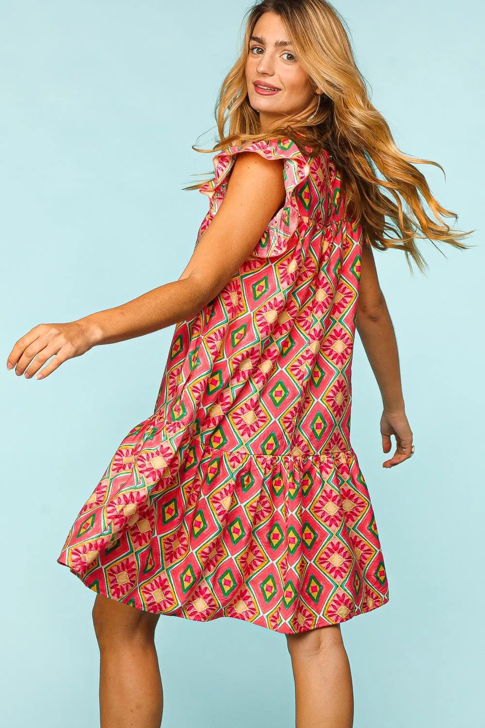 Haptics Ruffled Printed Dress - Full Size with Side Pockets