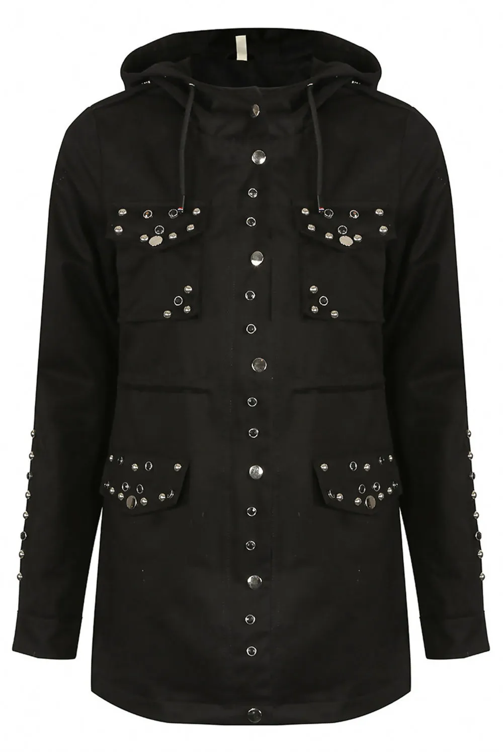 Hooded Parka Coat with Black Studs Trim