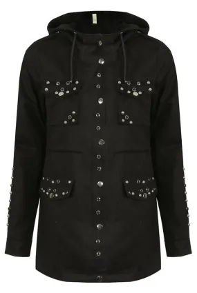 Hooded Parka Coat with Black Studs Trim