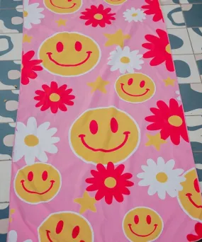 Hot Pink Quick Dry Towel with Red Flower Design - Happy Face