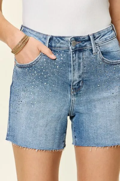 High Waist Rhinestone Denim Shorts - Judy Blue Full Size