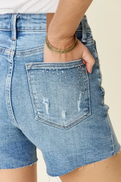 High Waist Rhinestone Denim Shorts - Judy Blue Full Size