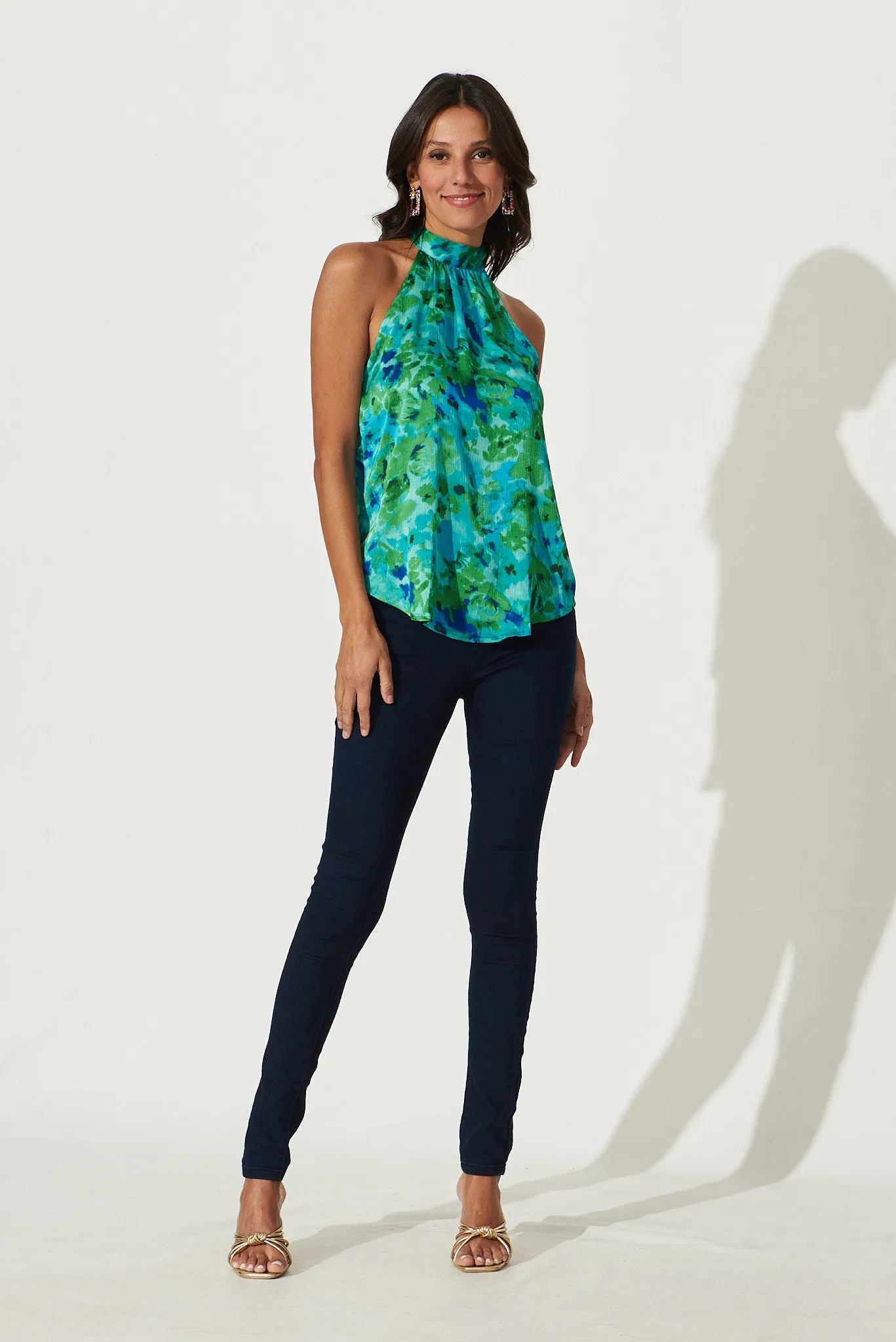 Kiss Kiss Halter Neck Top In Green Watercolour Print Satin