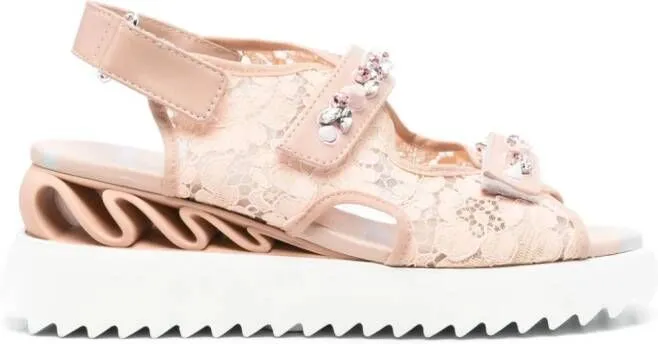 Pink Gem-Embellished Laced Sandals by Le Silla