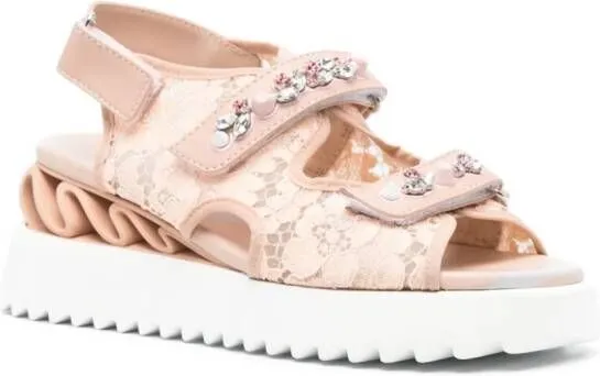 Pink Gem-Embellished Laced Sandals by Le Silla