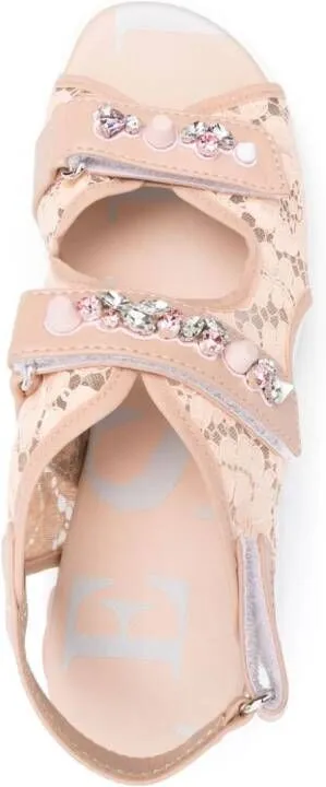 Pink Gem-Embellished Laced Sandals by Le Silla