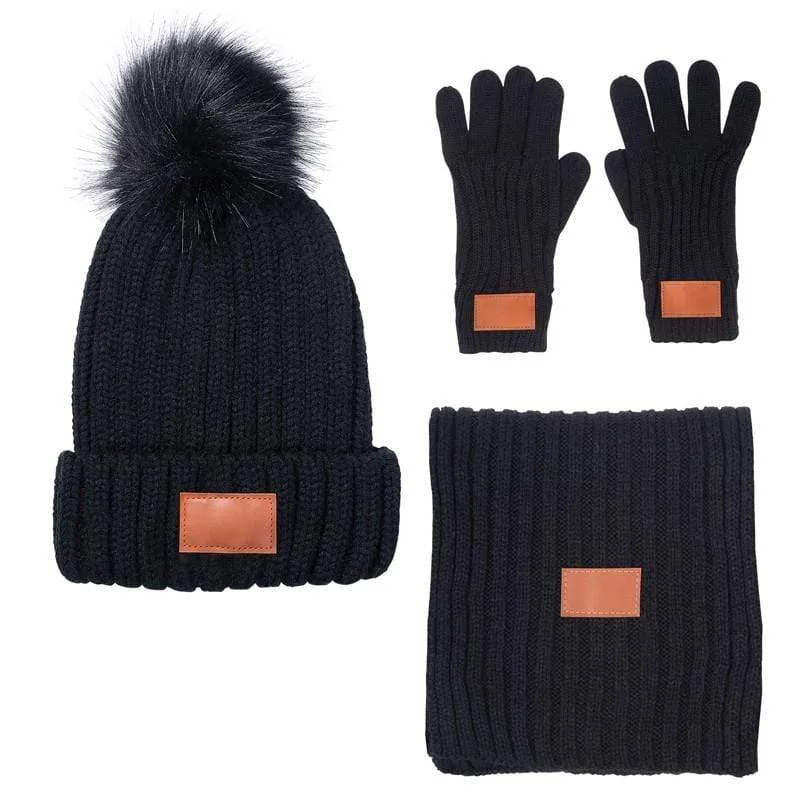 Leeman 3-Piece Rib Knit Fur Pom Winter Set.