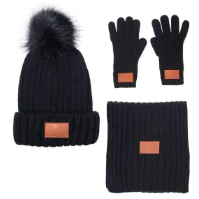 Leeman 3-Piece Rib Knit Fur Pom Winter Set.