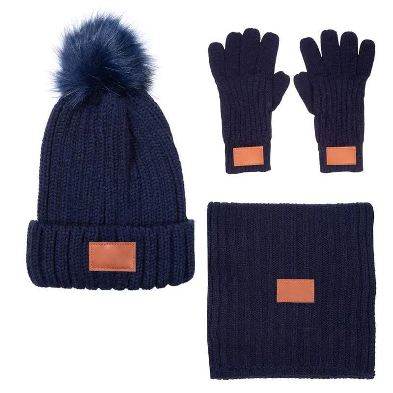 Leeman 3-Piece Rib Knit Fur Pom Winter Set.