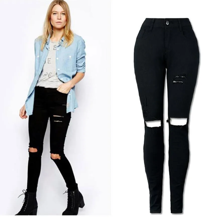 Cool ripped knee slim jeans pants black pencil trousers leginsy damske #112 SM6 for women.