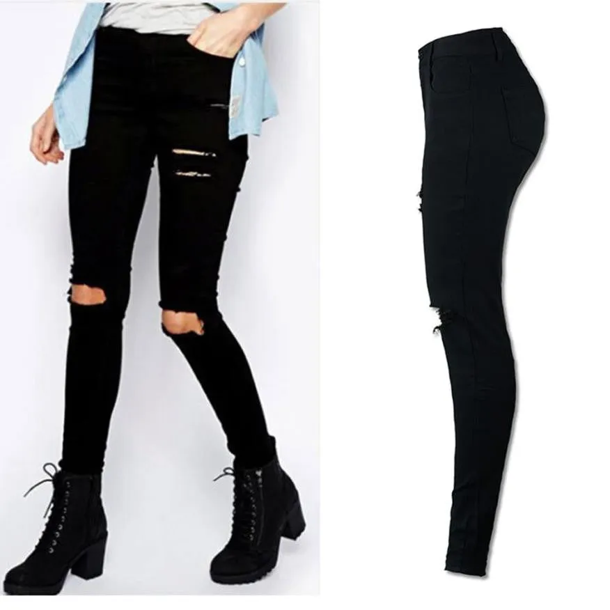 Cool ripped knee slim jeans pants black pencil trousers leginsy damske #112 SM6 for women.