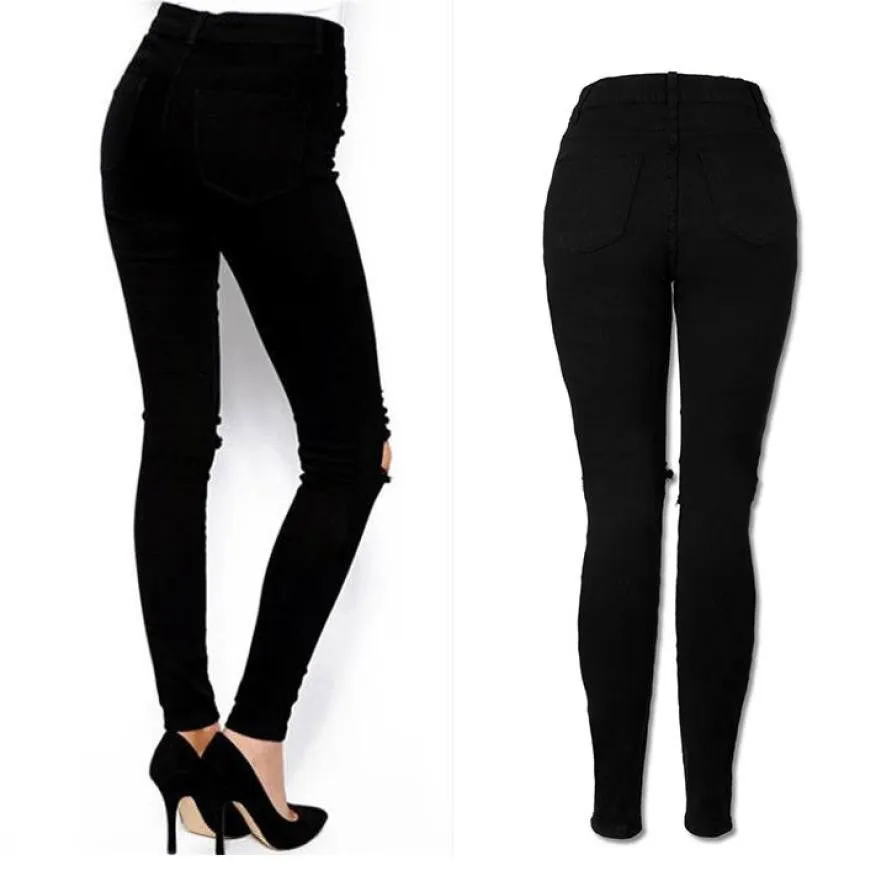 Cool ripped knee slim jeans pants black pencil trousers leginsy damske #112 SM6 for women.