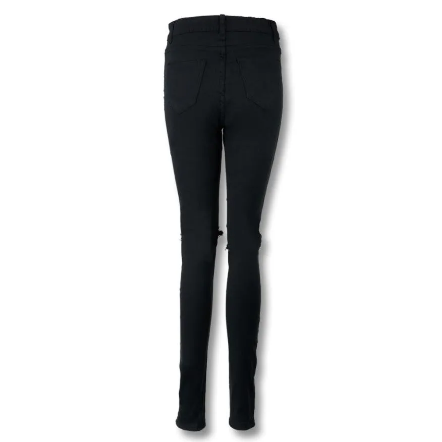 Cool ripped knee slim jeans pants black pencil trousers leginsy damske #112 SM6 for women.