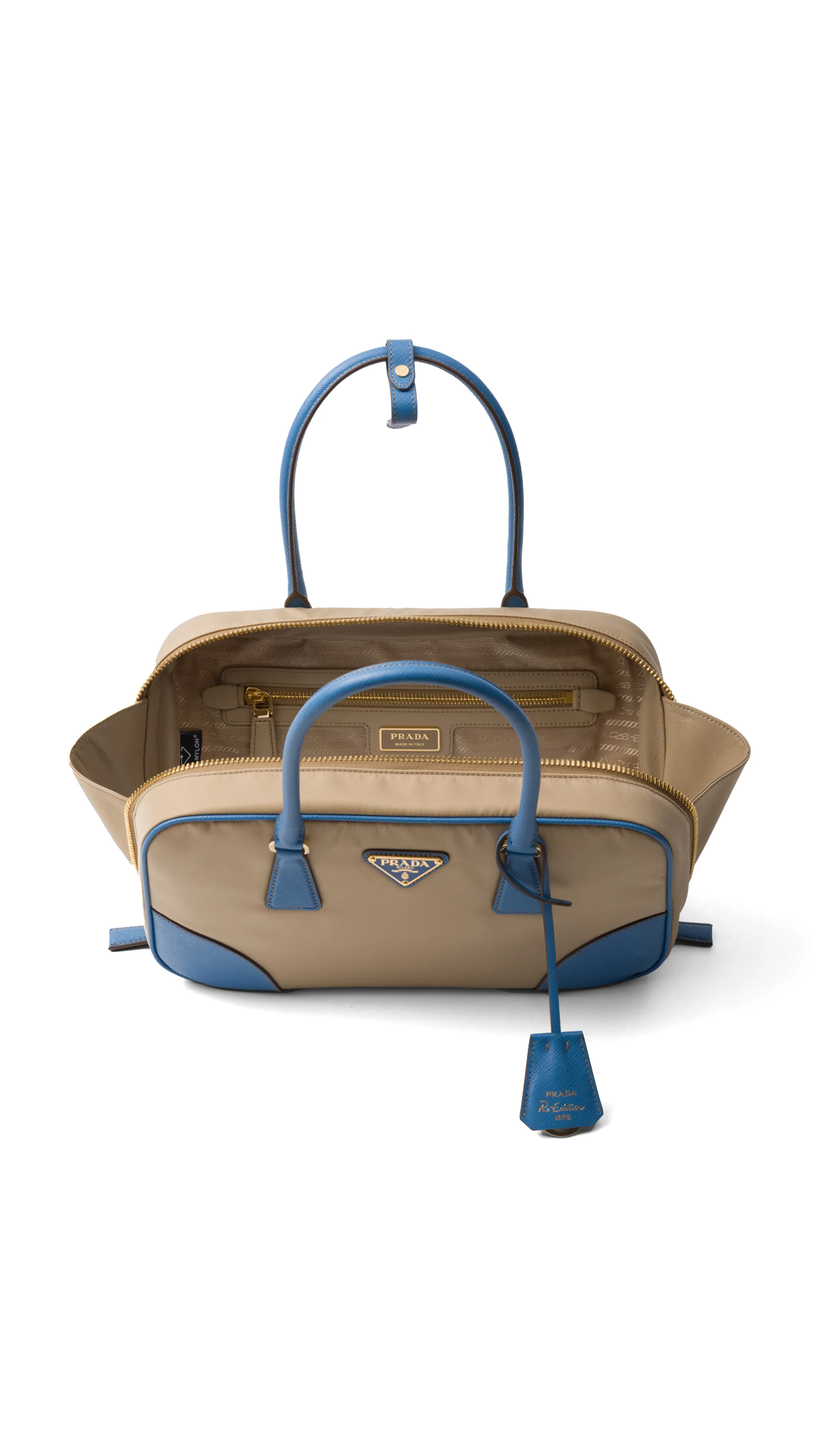 Medium Re-Nylon and Saffiano Leather Two-Handle Bag in Camel/Wave