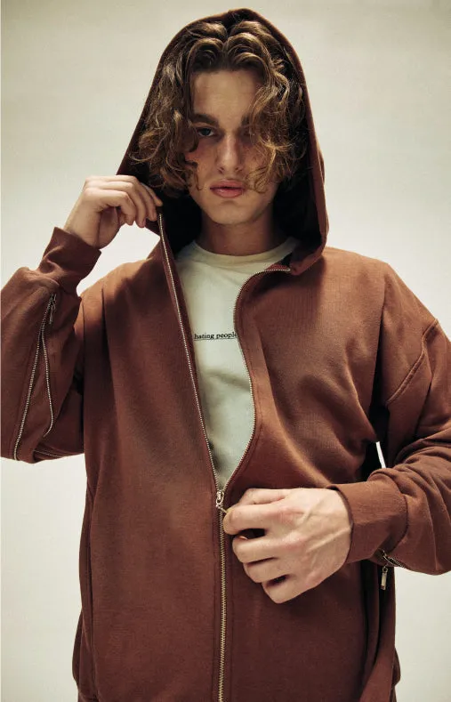 Brown Zip-Up Hoodie with Metallic Zipper